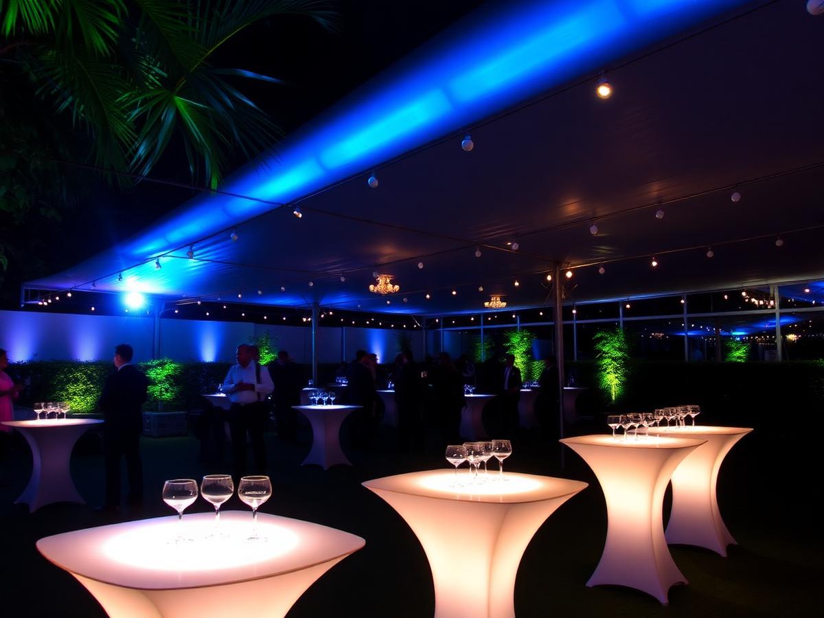 Corporate event tent with colour uplighting